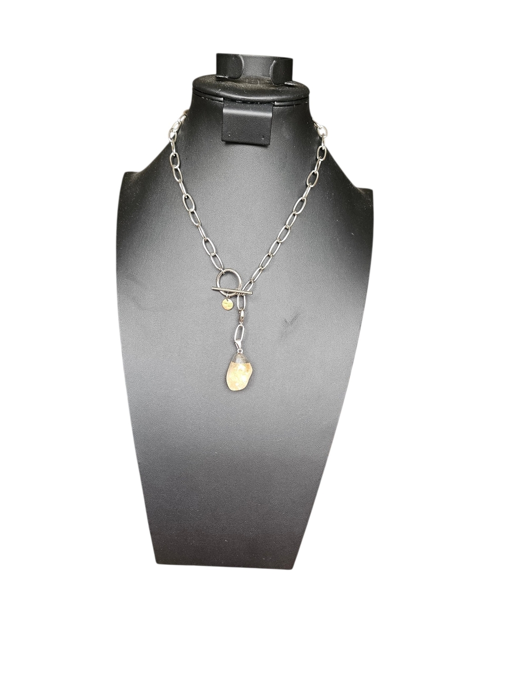 Twisted Silver Brand Toggle Necklace with Gemstone Pendant - Yellow Accent